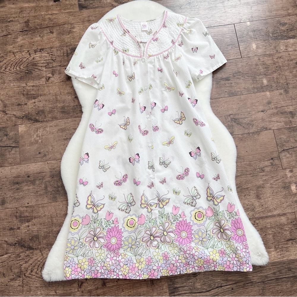 Butterfly Housecoat Snap Front Nightgown Pajama Lounge Dress White Pink Small - Picture 11 of 12